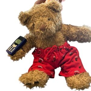 Vintage build a bear Brown Teddy Bear Red Puppy Shorts Y2k working cellphone
